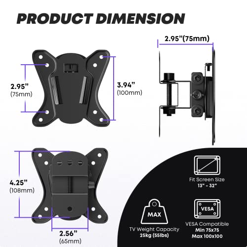 PUTORSEN 13-32 inch TV Wall Bracket, Tilt Swivel Wall TV bracket for LCD LED Screens and Monitors, TV Monitor Wall Mount with VESA 75x75mm and 10