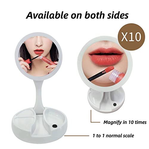 Hoffnugshween LED Foldable Makeup Mirror Lighted Makeup Mirror Double Sided 10X Magnifying Mirror Brightness&Angle&Height Adjustability with Ligh
