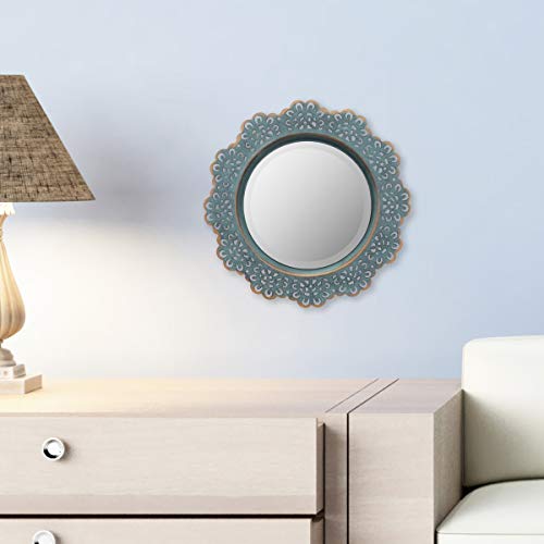 Stonebriar Decorative Round Metal Lace Wall Mirror with Attached Hanger, Turquoise