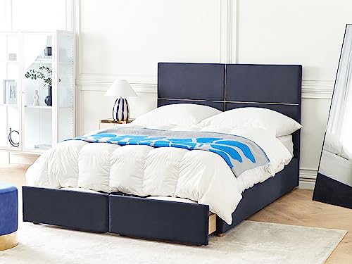 Velvet Bed Frame EU Double Size with Storage 4ft6 Black Slatted Base Vernoyes
