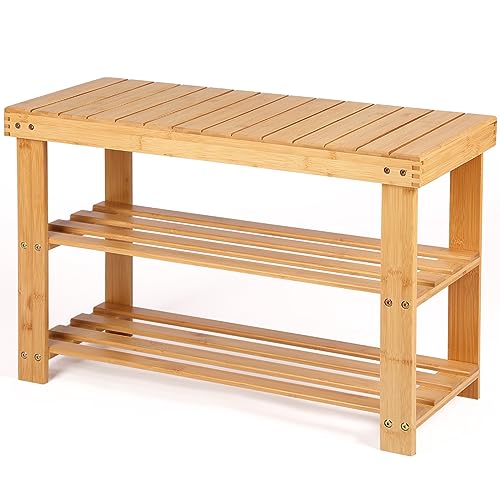 Moyilife Bamboo Shoe Rack Bench, 3 Tier Shoes Storage Bench for Entryway Living Room Bathroom Bedroom (Natural Color)