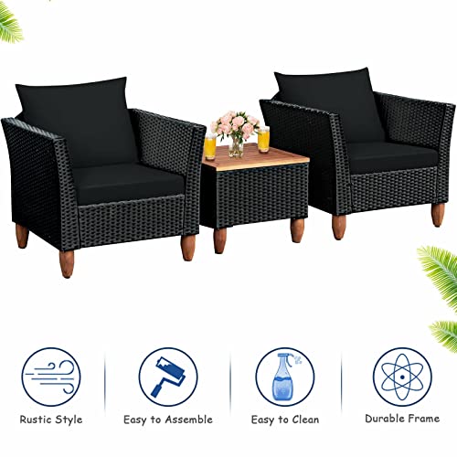 MIAOZI 3PCS Outdoor Patio Rattan Furniture Set Wooden Table Top Cushioned Sofa Black Coffee Table (Color : Argento)