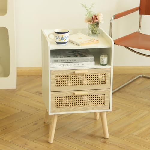 MaxSmeo White Nightstand with Rattan Drawers, Mid Century Modern Bedside Table, Boho Wood Nightstand for Living Room and Bedroom, White