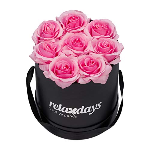 Relaxdays Round Flowerbox with 8 Faux Roses, Black Box, Last 10 Years, Gift, Decorative Bouquet, Red, 17 x 17 x 17 cm
