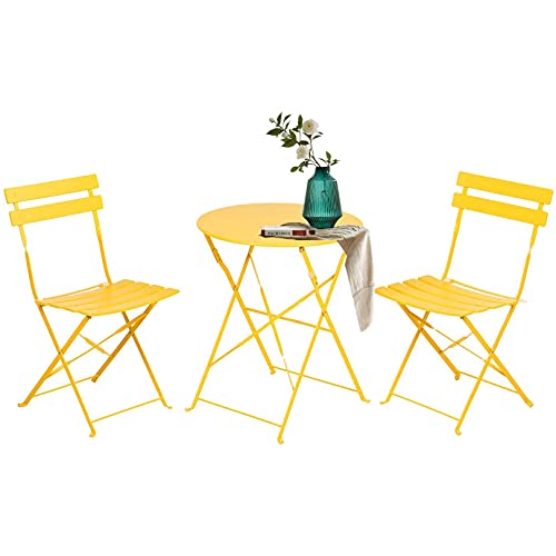 Sijux Indoor/Outdoor 3Pc Metal Folding Set, Foldable Table And Chairs, Thicken 2 Chairs And 1 Table Cafe Garden Dining Set Folding Outdoor Tables