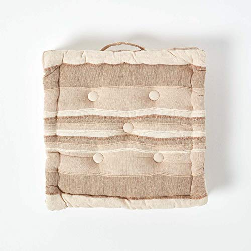 HOMESCAPES Morocco Striped 100% Cotton Floor Cushion Beige 40 x 40 x 8 cm Square Indoor Garden Dining Chair Booster Seat Pad Cushion
