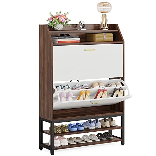LITTLE TREE Tipping Bucket Slim Shoe Storage Cabinet with 2 Flip Drawers, Engineered Wood, Brown&White