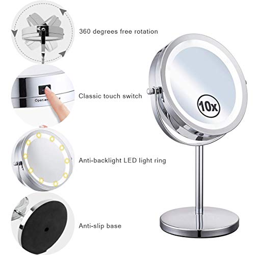 Meowoo Magnifying Mirror 10x, Illuminated Makeup Mirror With Lights, Double Side, 360°Rotation, 7 Inch Led Mirror for Table