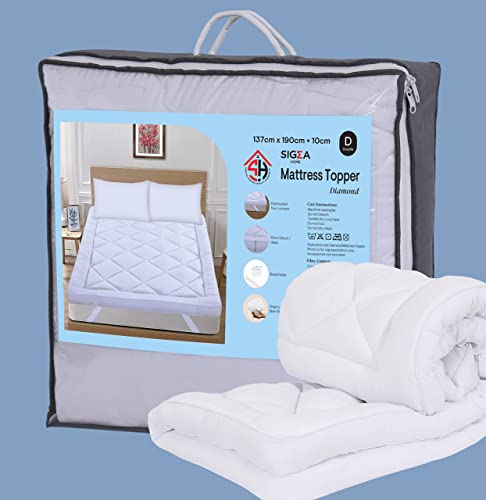 SIGMA HOME Mattress Topper Double Bed FLAME RETARDANT 10cm 4 inch Thick White Hotel Quality Super Soft Peach Finish Microfiber Fluffy Comfy Breat
