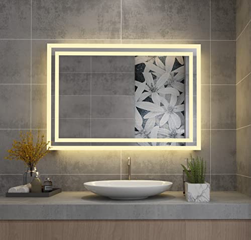 MIQU 500 x 700 mm Bathroom Mirror with Led Lights, Illuminated Makeup Wall Mounted Mirror with Touch Sensor & Demister Anti-Fog for Bath, Bedroom