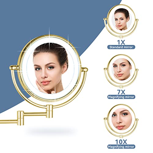 DOWRY Wall Mounted Magnifying Mirror with Light 5x,Gold Extendable Mirror,LED Illuminated Shaving Mirror,360 ° Rotatable Double Sided Mirror,Ø20c