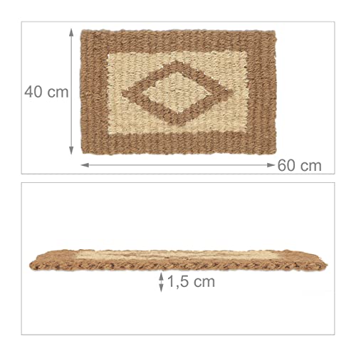 Relaxdays Jute Doormat, 60x40 cm, Durable, Handwoven, Mat for Indoor & Outdoor Use, Diamond Pattern, Brown/Cream, Design F
