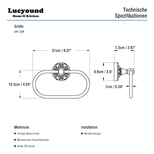 Lucyound Antique Gold Oval Towel Ring, Hand Towel Holder Wall Mounted, Vintage Decor Bathroom Accessories, Brass Petal-Relief Series