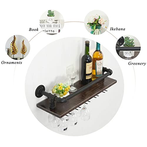 Industrial Wine Rack Wall Mounted with Wine Stemware Rack Vintage Rustic Wine Bottle Glass Holder - Holds 5 Glasses and 5 Wine Bottles - 23.6 * 7