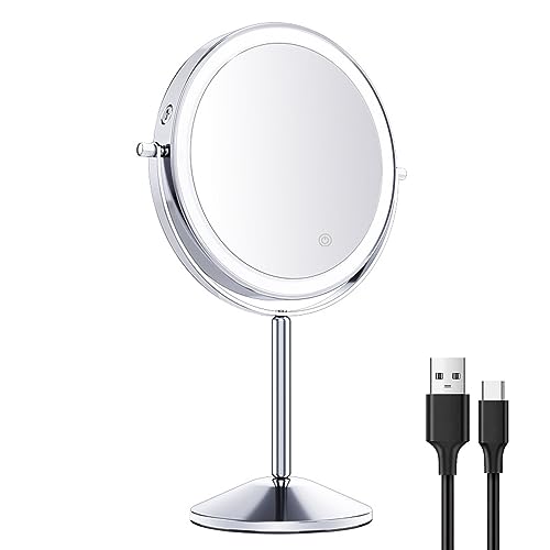 Mokoze Lighted Makeup Mirror, Rechargeable Stand Up Mirror, 8" Double Sided 1X/10X Magnification with 3 Color Lights 360 ° Rotating Touch Control