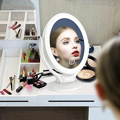 Aesfee LED Lighted Makeup Vanity Mirror Rechargeable, 1x / 7x Magnification Double Sided Magnifying Mirror with Dimmable Touch Screen, Portable I