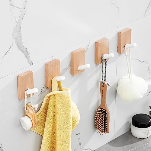 SARIHOSY Wooden and White Coat Hooks Wall Mounted, Wooden Shelves with Hooks, Coat Knobs Wooden White Pegs for Wall, Oak Coat Hooks Wall Mounted