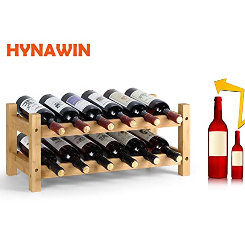 HYNAWIN 2 Tiers Bamboo Wine Rack Free Standing Wine Display Stand Wine Storage Rack Shelf Wine Bottle Holder for Home Living Room Kitchen Bar, 12