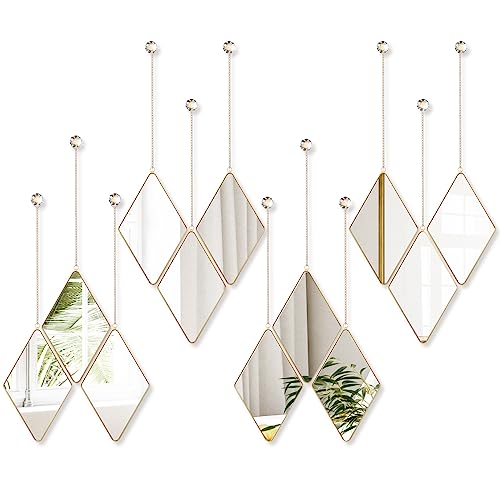 Qunclay Diamond Wall Mirror with Chain Hanging Mirror Set with Diamond Handle Frame Decorative Chain Mirror for Home Entryways Living Room Dining