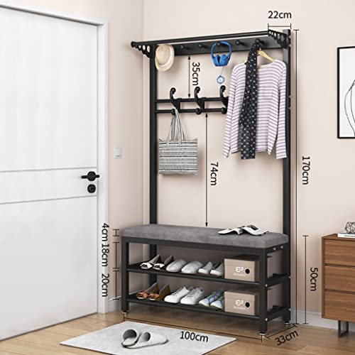 Modern Entry Hall Tree Coat Rack Shoe Storage Bench with 4 Detachable Hooks Industrial Accent Furniture with Metal Frame Multifunction Hallway Be