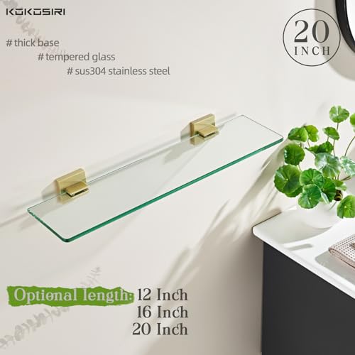 KOKOSIRI Wall Shelves Floating Bathroom Glass Shelf Kitchen Storage, 20'' x 5.6'' Tempered Glass Wall Mounted Brushed Gold Stainless Steel B1106B