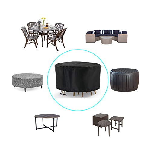 Flymer Patio Furniture Table Covers Round, 185 x 110cm Circular Patio Furniture Cover Oxford Fabric Heavy Duty Waterproof Dustproof Rip Proof Ant