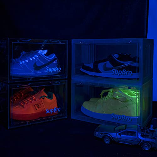 SupBro Collection Crate - Easy Access Storage Shoes Box -Plastic Foldable Stackable Sneaker Display Storage with Reflective Logo Clear Side Open