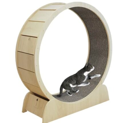 Cat Running Wheel, Cat Exercise Wheel Treadmill with Carpeted Runway, Fitness Weight Loss Device, Natural Wood Color (S)