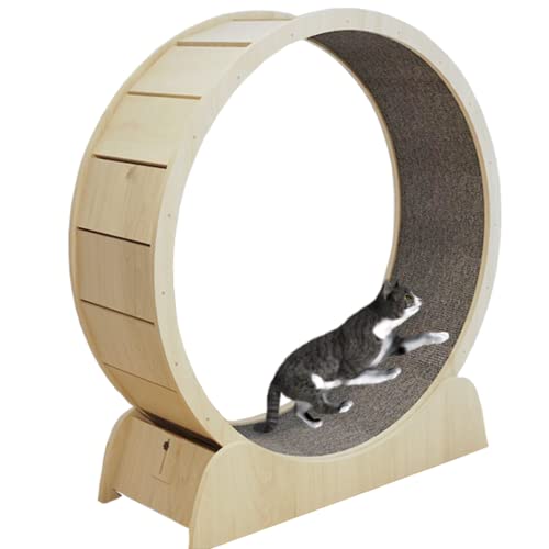 Cat Running Wheel, Cat Exercise Wheel Treadmill with Carpeted Runway, Fitness Weight Loss Device, Natural Wood Color (S)