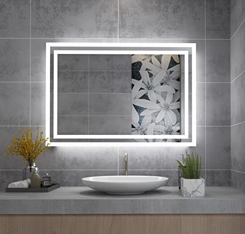 MIQU 600 x 500 mm Illuminated Bathroom Mirror,Bathroom Mirror with Led lights,Light Touch Sensor and Demister Anti-Fog Horizontal/Vertical Wall M