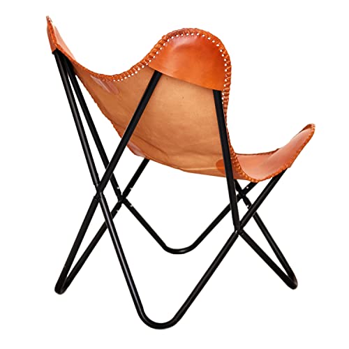 Brown Vintage Leather Arm Butterfly Chair Genuine Leather Home Décor Chair | Handmade Chair (with Fold-able Stand)