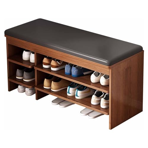 N/A Entryway Bench with PU Leather Cushion Shoe Rack Bench, 2 Tier Storage Shelf, Self-Assembly, for Small Space Entrance Bench with Shoe Storage