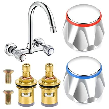 2 Sets Replacement Bathroom Kitchen Sink Tap Standard Hot & Cold Tap 1/2'' Top Head Covers Chrome Plated Red and Blue Tap Top for Leaking Aging T