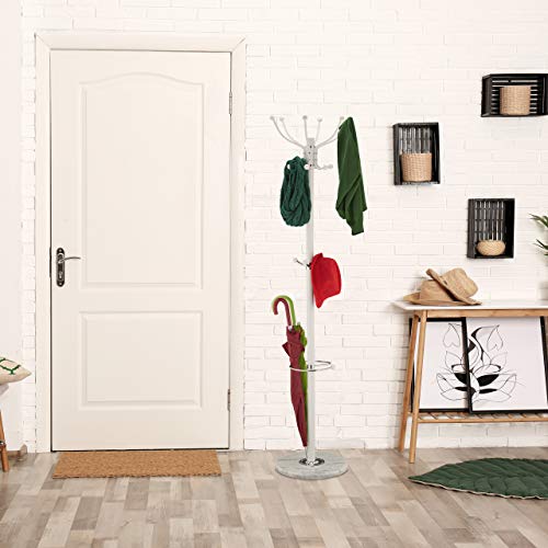 Relaxdays Coat Stand with Umbrella Stand, 16 Hooks, HD 176.5 x 36.5 cm, Marble Base, Standing Coat Rack standing White