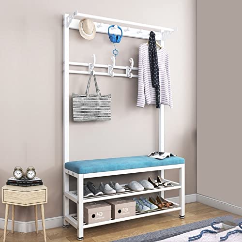 Modern Entry Hall Tree Coat Rack Shoe Storage Bench with 4 Detachable Hooks Industrial Accent Furniture with Metal Frame Multifunction Hallway Be