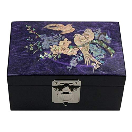 Mother of Pearl Crane Bird and Pine Tree Design Purple Wooden Jewellery Drawer Mirror Trinket Keepsake Treasure Gift Asian Lacquer Box Case Chest