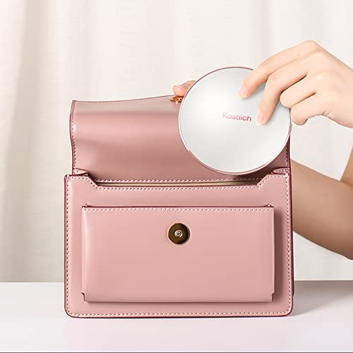 Kostlich Compact Makeup Mirror with Dimmable LED Lights, 1x/7x Magnifying, Rechargeable 127mm Wide Portable Travel Mirror for Handbag Purse, Whit