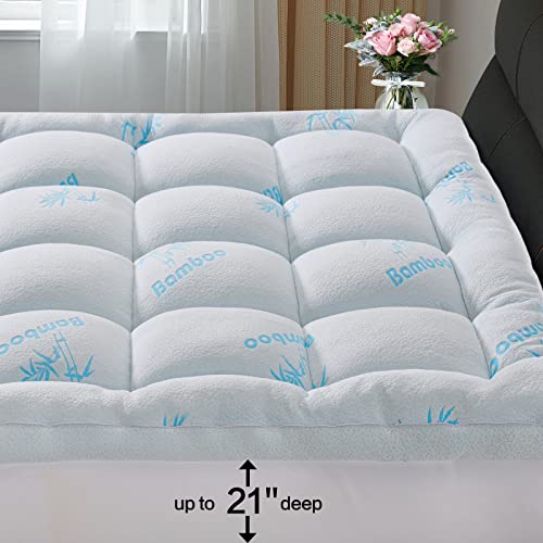 KELTARO Extra Thick Bamboo Mattress Topper Full Size for Double Bed, Cooling Mattress Pad Cover Plush Soft Noiseless Down Alternative Fill,with 8