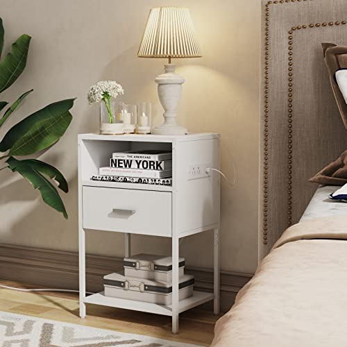 LDTTCUK Nightstand Set of 2 with Charging Station, Modern End Table with Drawer, White Bedside Table with Open Storage for Bedroom