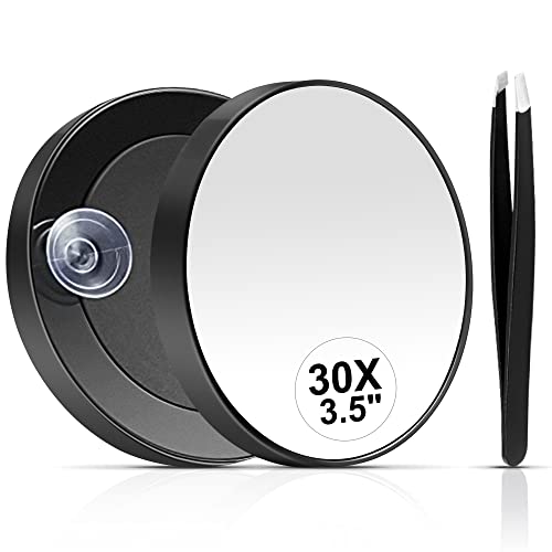 MIYADIVA 30X Magnifying Mirror, Small Magnifying Mirror with Suction Cup and Tweezers, As a Travel Mganifying Mirror, Compact Mirror Set for Pluc
