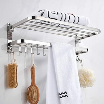 Wall-Mounted Towel Rack Towel Rail Double-Layer Stainless Steel with Five Hooks for Bathroom Kitchen Hotel Office 58 cm