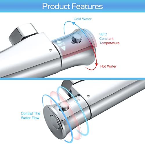 kisimixer Thermostatic Shower Mixer Bar Valve Top Outlet, Wall Mounted Shower Mixer Tap Modern, Outlet Up Bar Shower Valve with 3/4" BSP (26.4mm)