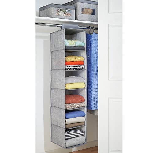 mDesign Set of 2 Hanging Wardrobe Organiser - Fabric Wardrobe Storage Units with 6 shelves each - Ideal Hanging Closet Organiser - Grey