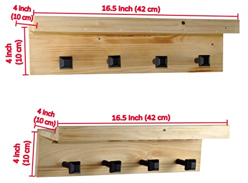 Spiretro Set of 2 Wall Mounted Torched Wood Floating Shelves & Ledge, Coat Hat Rack with Black Metal Pegs Hook to Organizer, Storage, Decorative