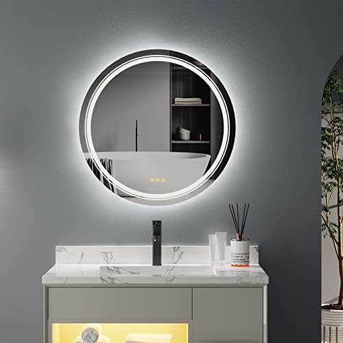 LUVODI Round Illuminated Bathroom Mirror: 600mm Dimmable LED Lighted Circle Wall Mounted Vanity Mirror with Demister Pad Smart Touch Sensor for M