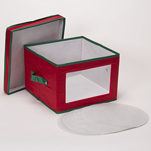 Household Essentials Dinner Plate Holiday Storage Chest,Red Canvas with Green Trim