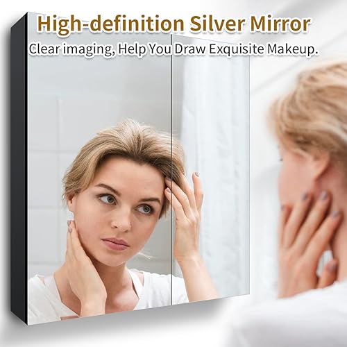 HOTIPRO Bathroom Medicine Cabinet with Mirror 31.5 x 26.7 Inch Wall-Mounted Bathroom Mirror Cabinet 2-Door Black Aluminum Medicine Cabinet Waterp