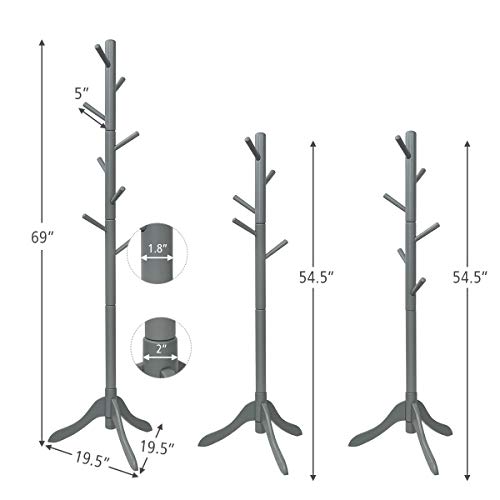 Tangkula Wooden Tree Coat Rack Freestanding, Entryway Coat Stand with 8 Hooks, Height Adjustable Coat Tree, Coat Hanger Stand for Home Office Hal