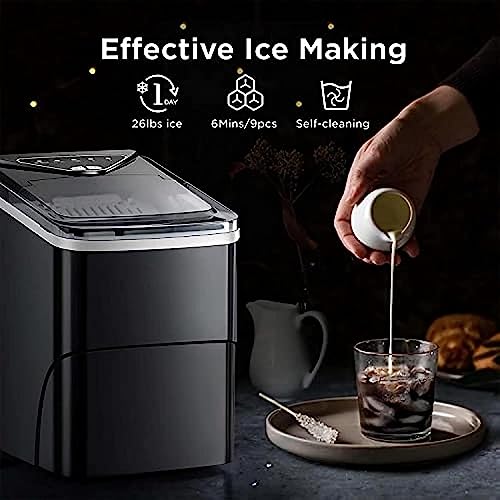 Shykey countertop ice machine Ice Makers Countertop 9 Cubes Ready in 6 Mins 26lbs in 24Hrs Self-Cleaning Ice Machine with Ice Scoop and Basket ic