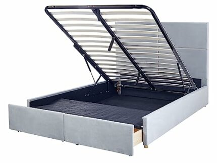 Velvet Bed Frame EU Double Size with Storage 4ft6 Light Grey Slatted Base Vernoyes